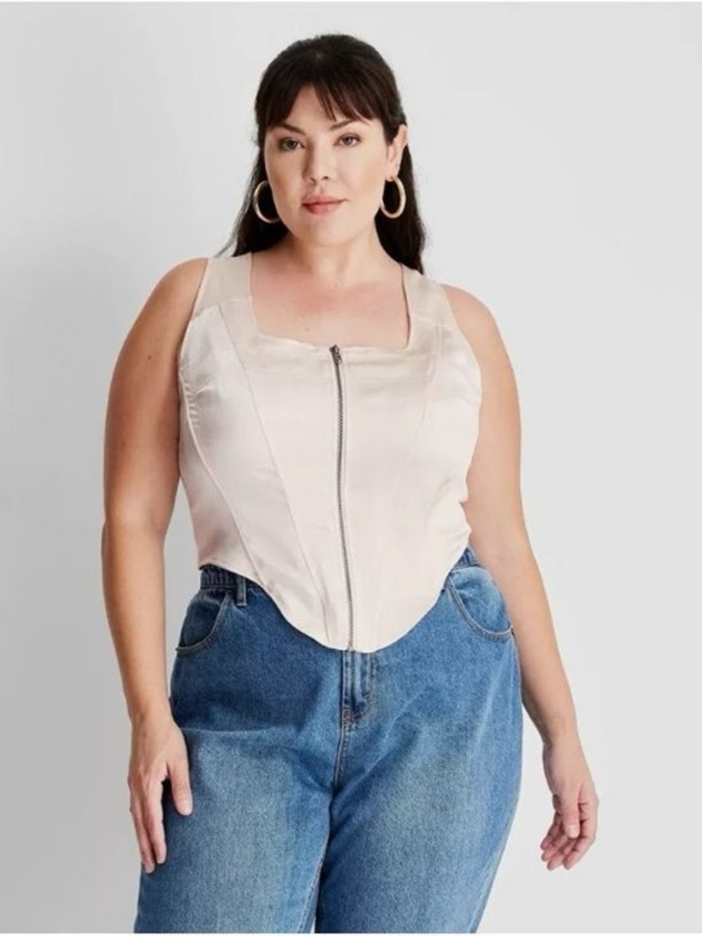 FUTURE COLLECTIVE  Kahlana Barfield Satin Cream Zip-Up Corset.
Size 24W/26W